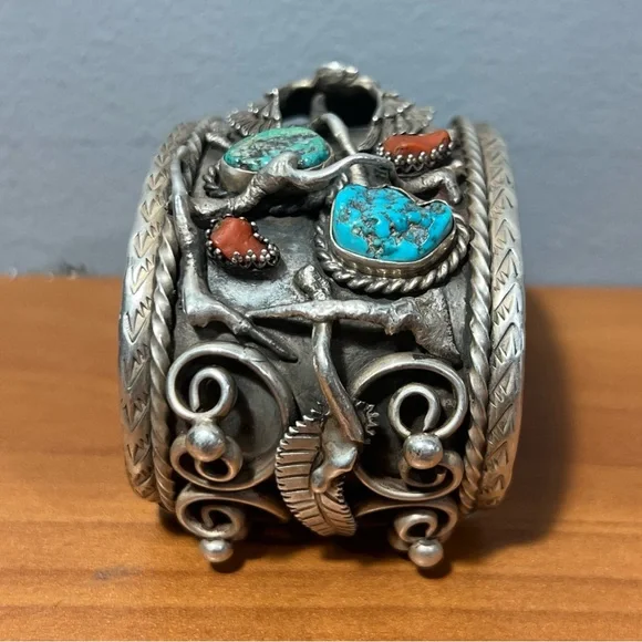 VTG Native American Navajo Ornate Sterling Silver Cuff Bracelet Signed 148.8g
